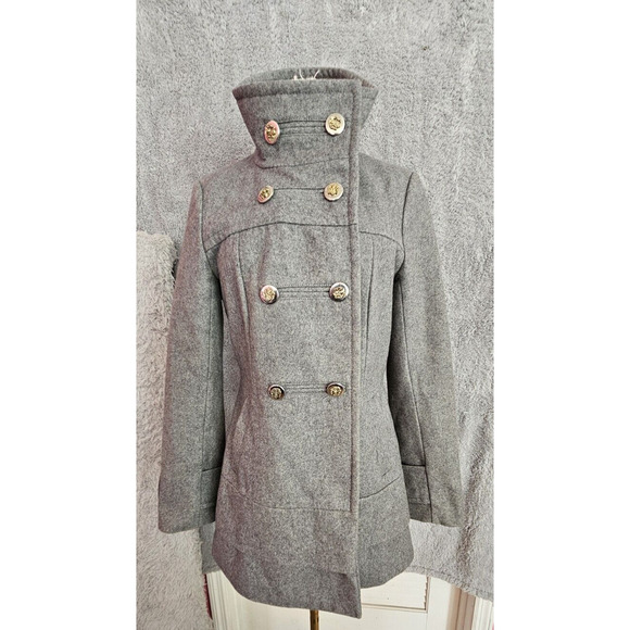Black Rivet Wool Double Breasted Pea Coat Military Long Line Grey Small 2 4 6‎ - Picture 2 of 7